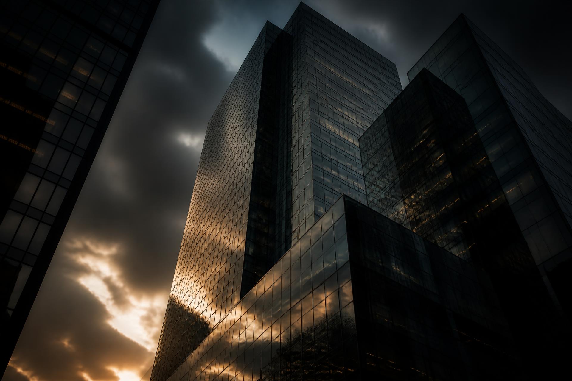 Modern glass office towers at dusk